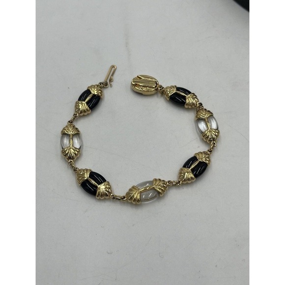 Swarovski Signed Vintage Swan Gold Tone Jet Black and Clear Lucite Bracelet - Picture 9 of 15